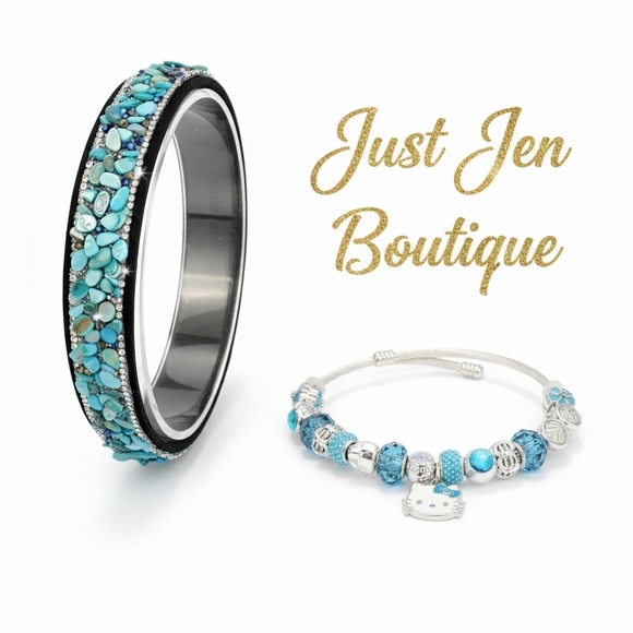 Rhinestone Turquoise Gemstone Hairband and HELLO KITTY Charm Bracelet Set